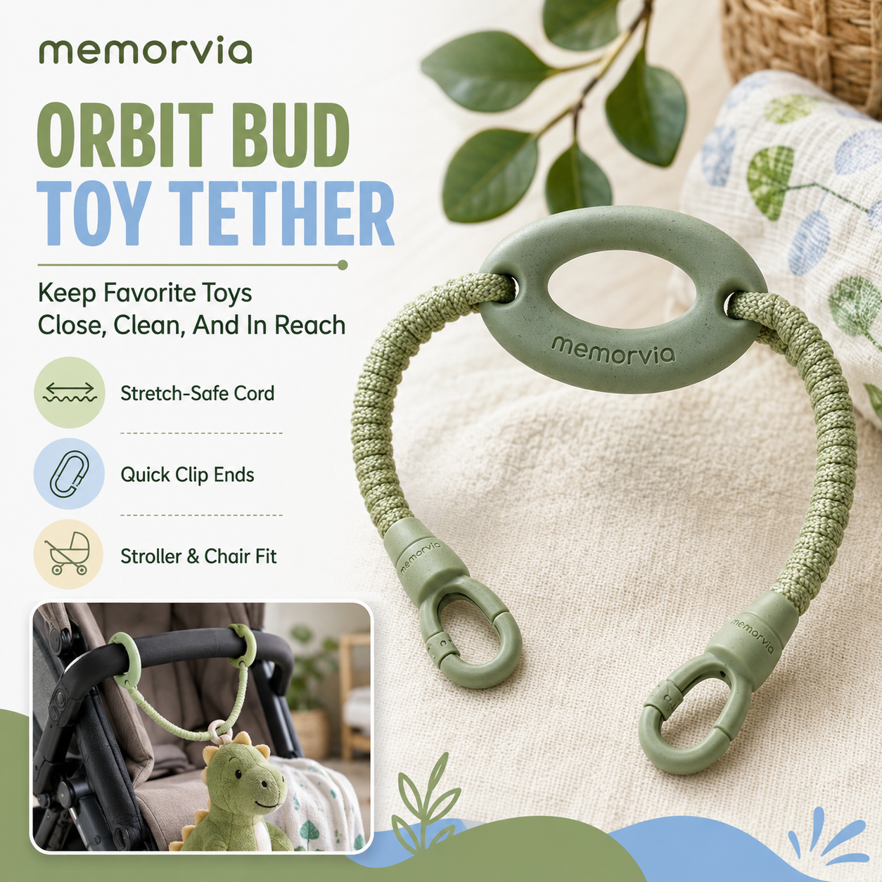 Memorvia™ Orbit Bud Adjustable Dual-Clip Toy Tether