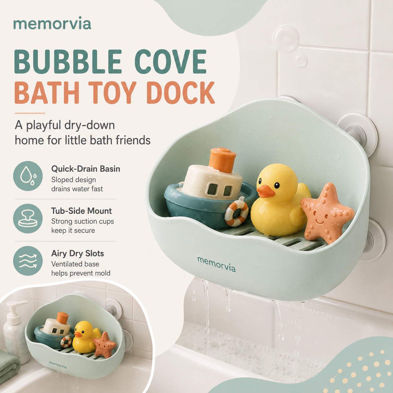 Memorvia™ Bubble Cove Quick-Drain Bath Toy Storage Dock