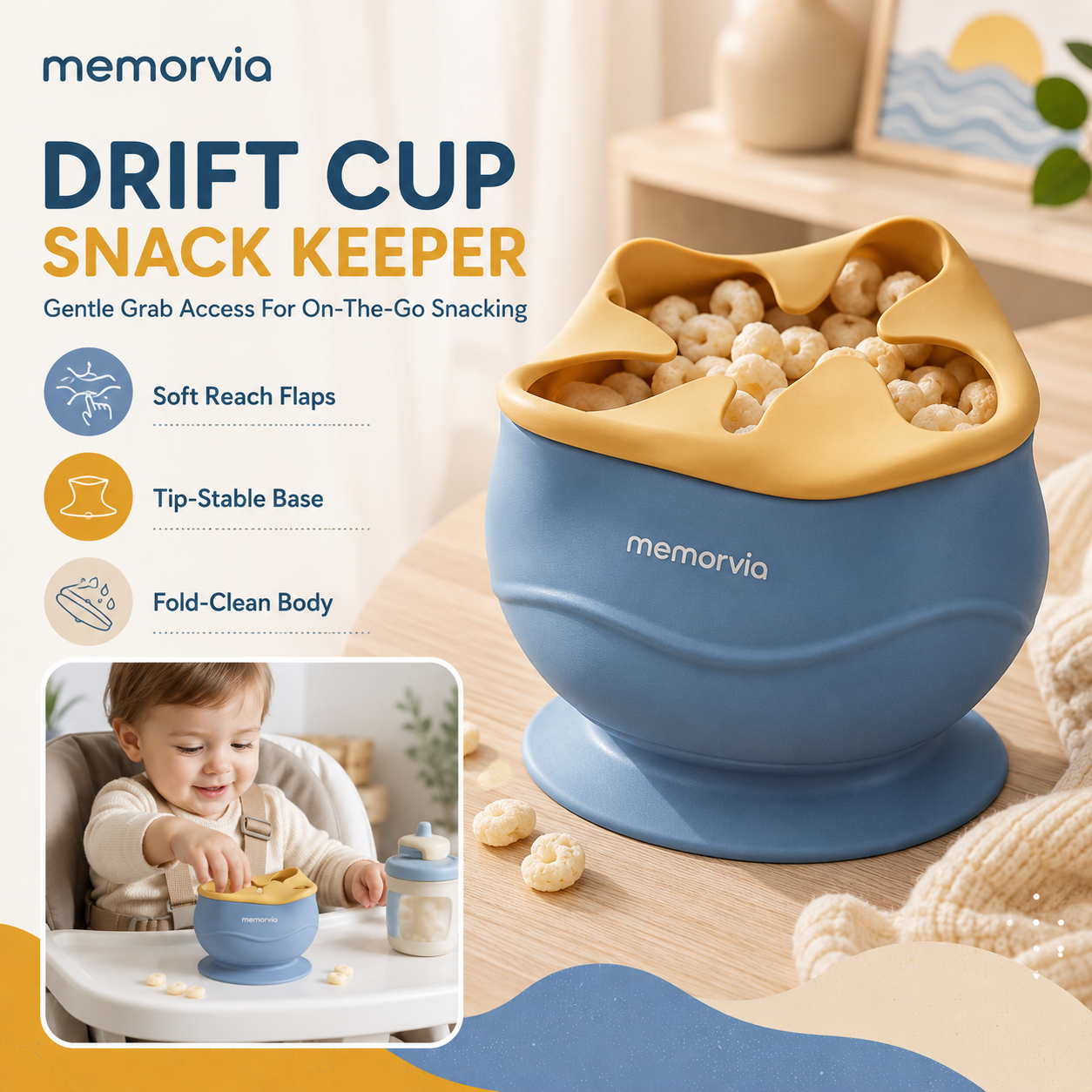 Memorvia™ Drift Cup Soft-Reach Toddler Snack Keeper